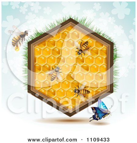 Clipart Butterfly And Bees With A Honey Comb Hexagon With Grass And Clovers On Blue - Royalty Free Vector Illustration by merlinul