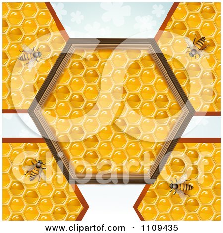 Clipart Bees On Honeycombs With A Hexagon Center Over Clovers - Royalty Free Vector Illustration by merlinul