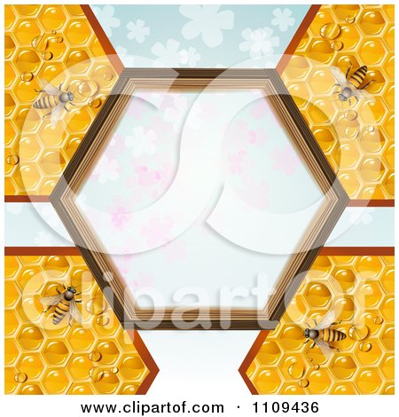 Clipart Bees On Honeycombs With A Hexagon Frame Over Clovers - Royalty Free Vector Illustration by merlinul