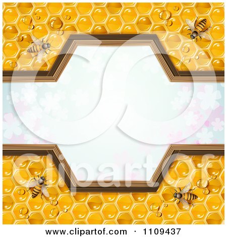 Clipart Frame Of Bees On Honey Combs Over Clovers - Royalty Free Vector Illustration by merlinul