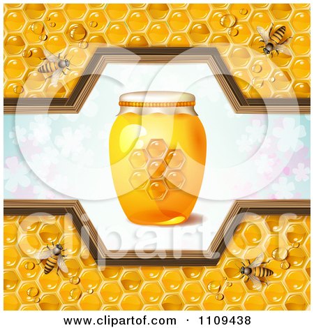 Clipart Honey Bees With A Jar And Pattern Of Clovers - Royalty Free Vector Illustration by merlinul