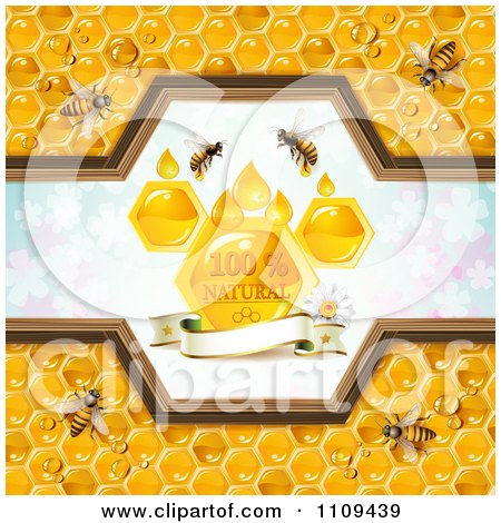 Clipart Bees And Honeycombs With A Natural Label Over Clovers 1 - Royalty Free Vector Illustration by merlinul