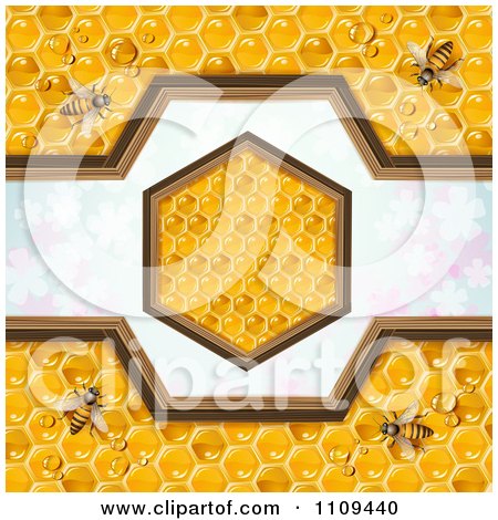 Clipart Bees On Honeycombs With A Hexagon Over Clovers - Royalty Free Vector Illustration by merlinul