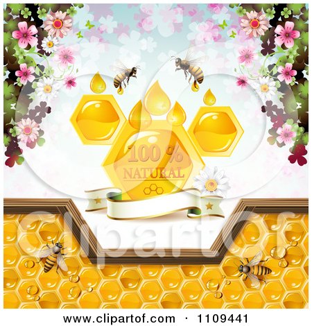 Clipart Bees And Honeycombs With A Natural Label Over Clovers 2 - Royalty Free Vector Illustration by merlinul