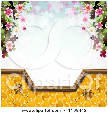 Clipart Frame Of Blossoms And Bees On Honey Over Clovers - Royalty Free Vector Illustration by merlinul