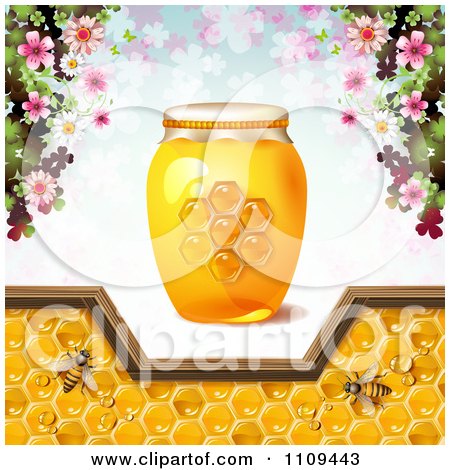 Clipart Honey Bees With Blossoms A Jar And Pattern Of Clovers - Royalty Free Vector Illustration by merlinul