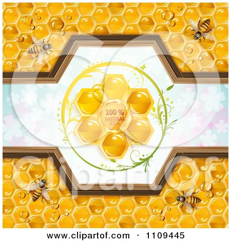 Clipart Bees And Honeycombs With A Natural Label Over Clovers 4 - Royalty Free Vector Illustration by merlinul