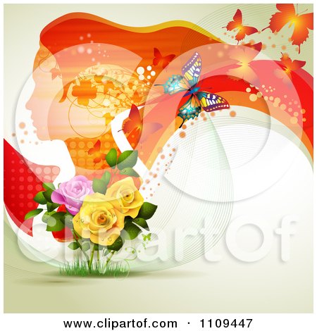Clipart Background Of A Red Profiled Woman With Long Hair Butterflies And Roses - Royalty Free Vector Illustration by merlinul