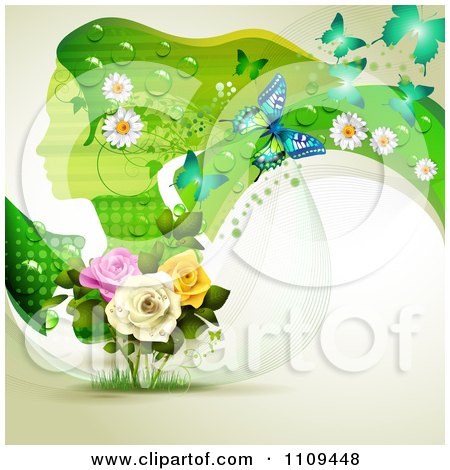 Clipart Background Of A Green Profiled Woman With Long Hair Butterflies And Roses - Royalty Free Vector Illustration by merlinul