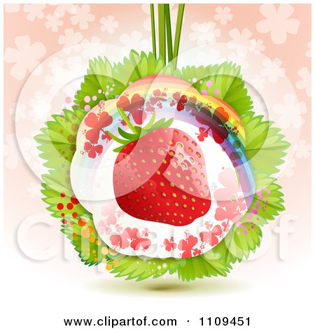 Clipart Strawberry With Shamrocks A Rainbow And Leaves Over Clovers On Pink - Royalty Free Vector Illustration by merlinul