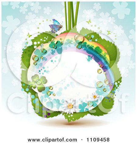 Clipart Dewy Rainbow Clover Butterfly Frame Over Leaves On Blue - Royalty Free Vector Illustration by merlinul