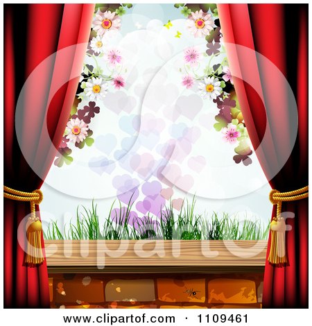 Clipart Red Curtains With A View Of Blossoms Hearts And Grass - Royalty Free Vector Illustration by merlinul