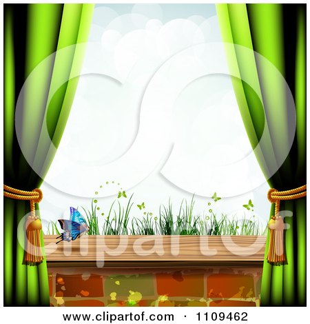 Clipart Green Curtains With A View Of Butterflies And Grass - Royalty Free Vector Illustration by merlinul