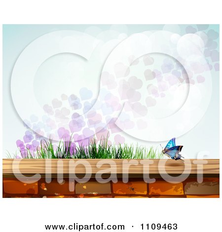 Clipart Butterfly Hearts And Grass Over A Brick Wall - Royalty Free Vector Illustration by merlinul