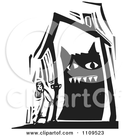 Clipart Girl Standing Outside A House With A Monster Inside Black And White Woodcut - Royalty Free Vector Illustration by xunantunich