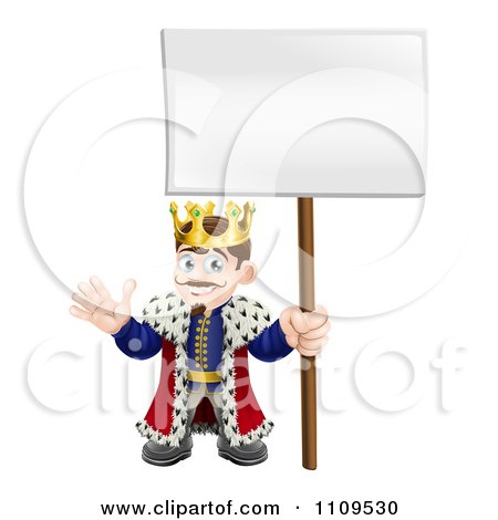 Clipart Happy King Waving And Holding A Sign - Royalty Free Vector Illustration by AtStockIllustration