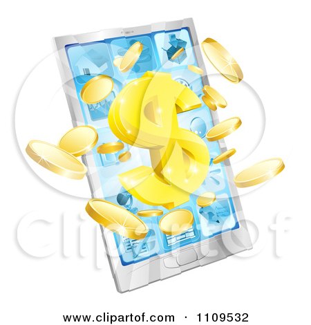 Clipart 3d Smart Cellphone With Coins And A Dollar Symbol Bursting From The Screen - Royalty Free Vector Illustration by AtStockIllustration