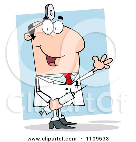 Clipart Happy Caucasian Male Doctor Holding A Syringe And Waving On Blue - Royalty Free Vector Illustration by Hit Toon