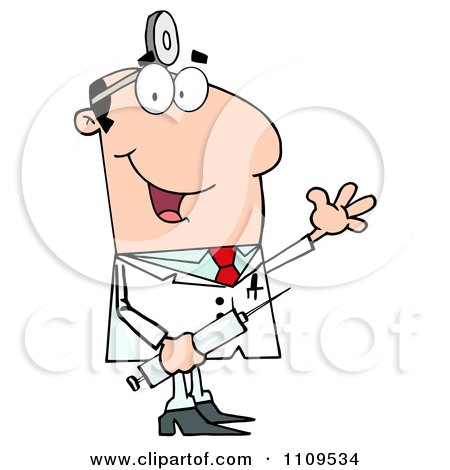 Clipart Happy Caucasian Male Doctor Holding A Syringe And Waving - Royalty Free Vector Illustration by Hit Toon