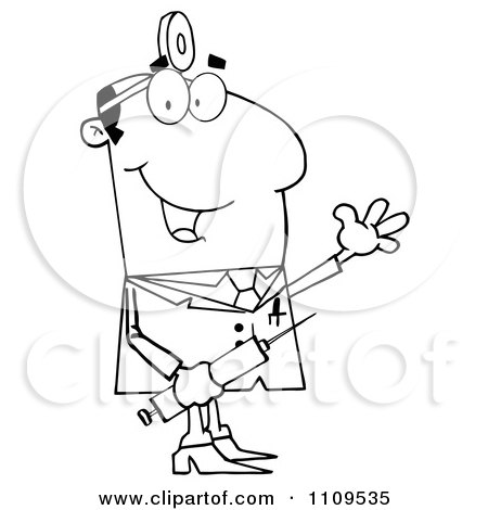 Clipart Happy Outlined Male Doctor Holding A Syringe And Waving - Royalty Free Vector Illustration by Hit Toon