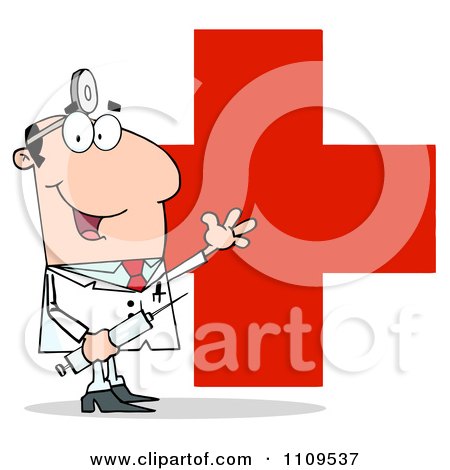 Clipart Happy Caucasian Male Doctor Holding A Syringe And Waving Over A Red Cross - Royalty Free Vector Illustration by Hit Toon