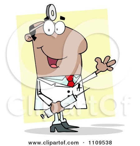 Clipart Happy Black Male Doctor Holding A Syringe And Waving Over Yellow - Royalty Free Vector Illustration by Hit Toon