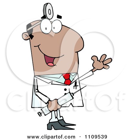 Clipart Happy Black Male Doctor Holding A Syringe And Waving - Royalty Free Vector Illustration by Hit Toon