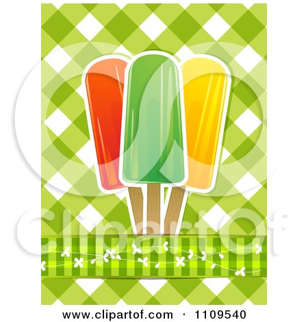 Clipart Fruit Popsicles Over Green Gingham - Royalty Free Vector Illustration by elaineitalia