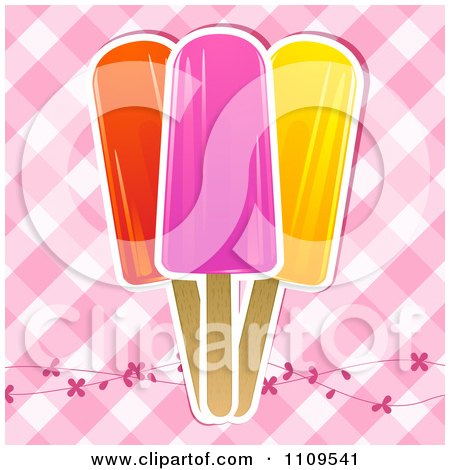 Clipart Fruit Popsicles Over Pink Gingham And Floral Vines - Royalty Free Vector Illustration by elaineitalia