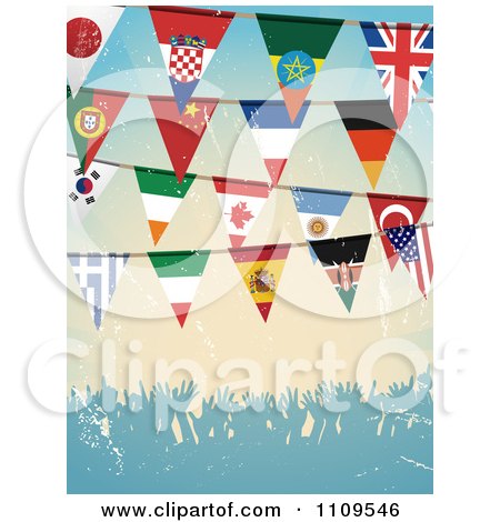 Clipart National Flag Bunting Banners Over A Grungy Crowd - Royalty Free Vector Illustration by elaineitalia