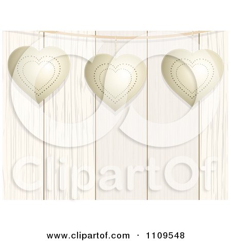 Clipart Metal Hearts Suspended Over White Wood Boards - Royalty Free Vector Illustration by elaineitalia