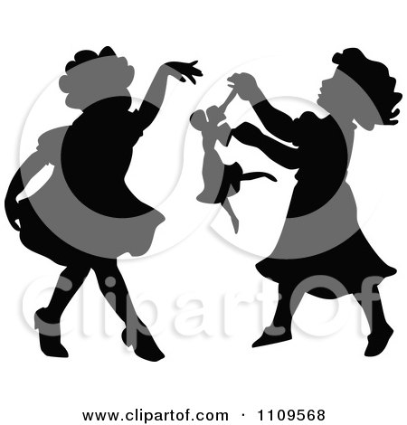 Clipart Silhouetted Little Girls Dancing And Playing With A Doll - Royalty Free Vector Illustration by Prawny Vintage
