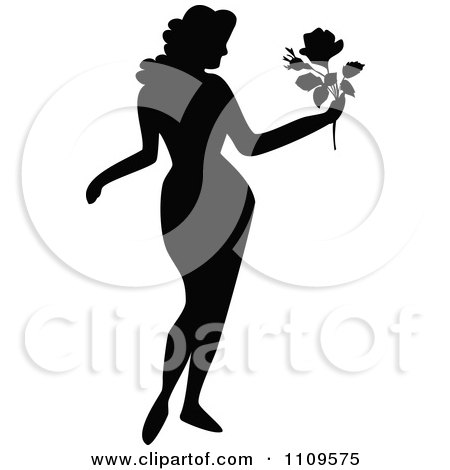 Clipart Silhouetted Sexy Woman Holding A Rose - Royalty Free Vector Illustration by Prawny Vintage