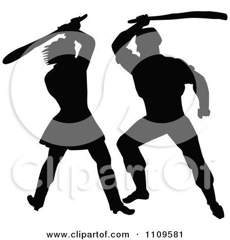Clipart Silhouetted Men Fighting With Clubs - Royalty Free Vector Illustration by Prawny Vintage