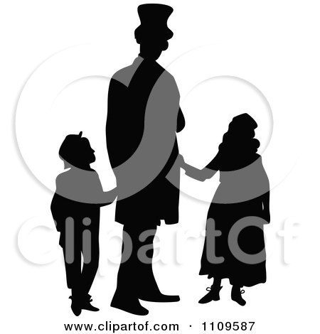 Clipart Silhouetted Single Father And Children - Royalty Free Vector Illustration by Prawny Vintage