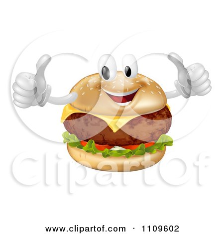 Clipart Happy Cheeseburger Mascot Holding Two Thumbs Up - Royalty Free Vector Illustration by AtStockIllustration