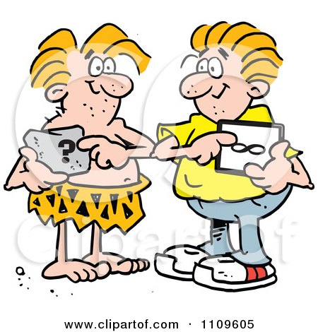 Clipart Caveman Using A BC Pad Tablet And A Modern Man Using An AD Ipad Tablet - Royalty Free Vector Illustration by Johnny Sajem