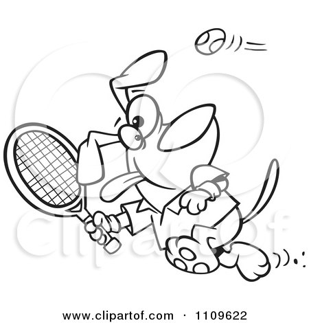 Clipart Outlined Dog Swinging A Tennis Racket - Royalty Free Vector Illustration by toonaday