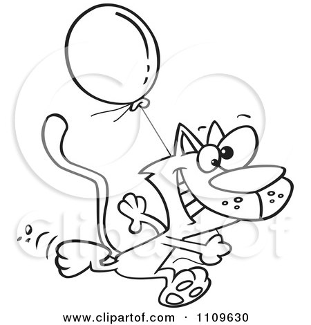 Clipart Outlined Happy Cat Running With A Birthday Balloon - Royalty Free Vector Illustration by toonaday