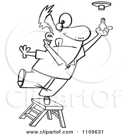 Clipart Outlined Man Standing On The Top Of A Ladder And Installing A Light Bulb - Royalty Free Vector Illustration by toonaday