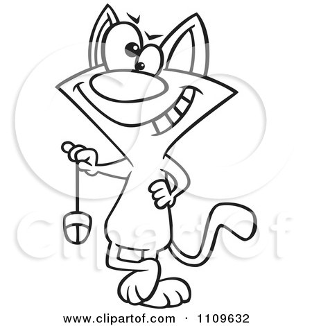 Clipart Outlined Cat Swinging A Computer Mouse - Royalty Free Vector Illustration by toonaday