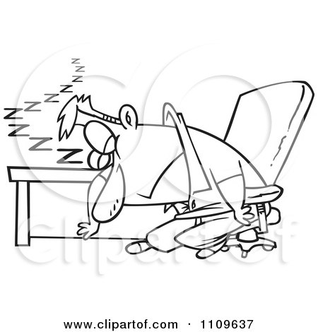 Clipart Outlined Exhausted Man Dozing At His Desk - Royalty Free Vector Illustration by toonaday