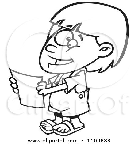 Clipart Outlined Happy Girl Holding A Report - Royalty Free Vector Illustration by toonaday