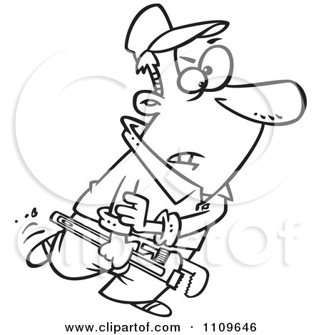 Clipart Outlined Plumber Carrying A Wrench And Rolling Up His Sleeves - Royalty Free Vector Illustration by toonaday