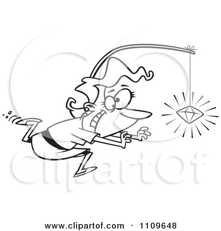 Clipart Outlined Woman Chasing A Sparkling Diamond On A Stick - Royalty Free Vector Illustration by toonaday