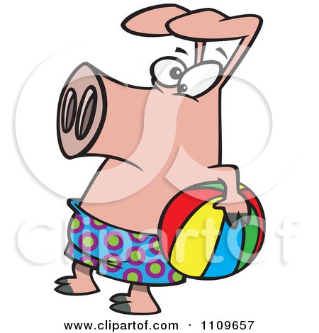 Clipart Summer Pig Holding A Beach Ball - Royalty Free Vector Illustration by toonaday