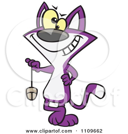 Clipart Purple Cat Swinging A Computer Mouse - Royalty Free Vector Illustration by toonaday