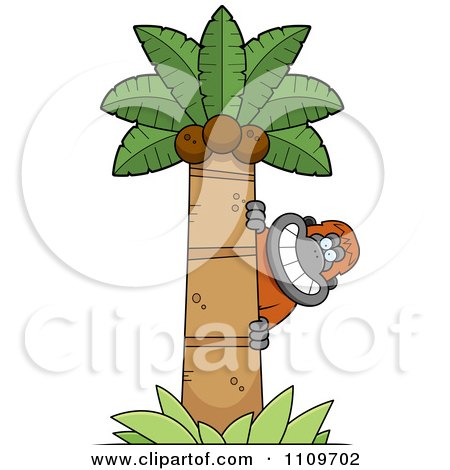 Clipart Orangutan Monkey Behind A Coconut Palm Tree - Royalty Free Vector Illustration by Cory Thoman