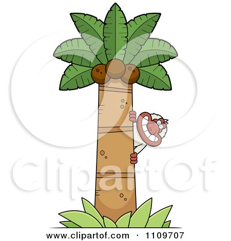 Clipart Macaque Monkey Behind A Coconut Palm Tree - Royalty Free Vector Illustration by Cory Thoman