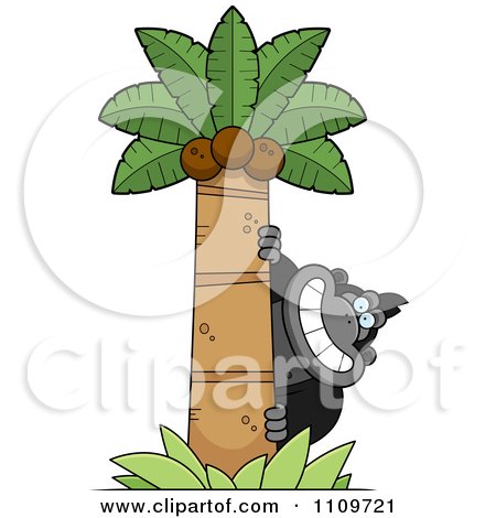 Clipart Gorilla Behind A Coconut Palm Tree - Royalty Free Vector Illustration by Cory Thoman